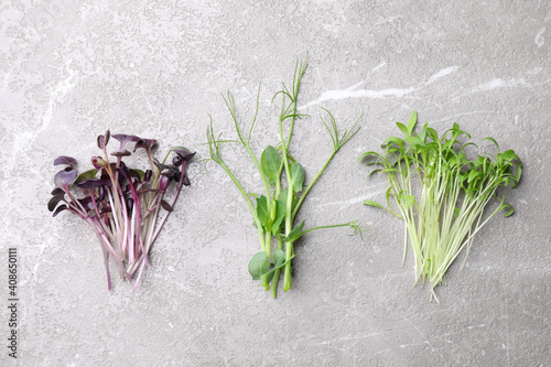 Different microgreens on light grey marble table  flat lay