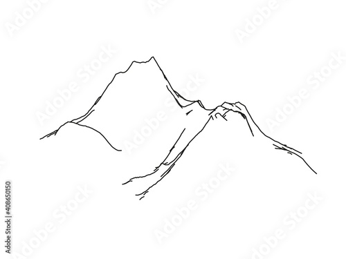 Contour sketch of mountains clipart. Hand drawn rocky peaks everest linear black panorama natural alpine rocky massifs covered with vector snow.
