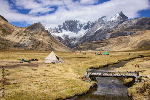 Stunning mountain panorama at the Janca (Mitacocha) campsite, Cordillera Huayhuash circuit, Ancash, Peru.