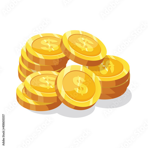 Gold coins with a dollar sign, a slide of gold cents, money.