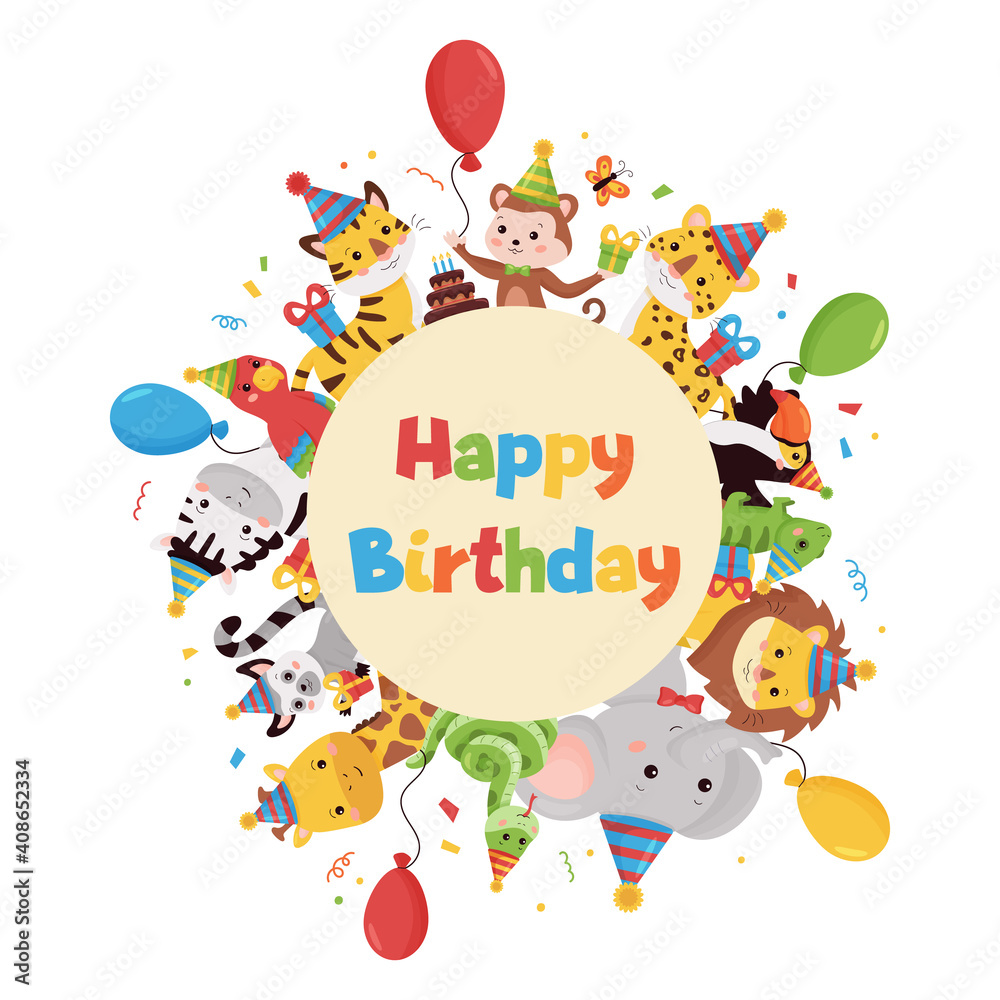Fototapeta premium Happy Birthday vector illustration with jungle animals, balloons, gifts and cake. Cartoon characters around circle shape. For greeting and invitation cards design.