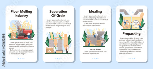 Flour melling industry mobile application banner set. Modern grain processing