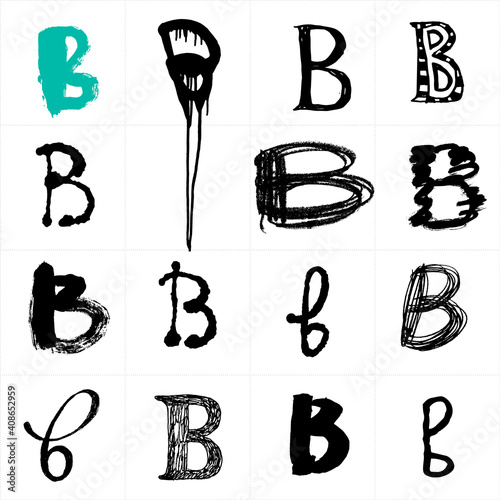 Cyrillic and Latin alphabet Letter B. Uppercase Russian and Ukrainian handwritten fonts. Drawn with paint and chalk vector fonts. Alphabet collection. Handwritten letters. Can be used as logo, posters