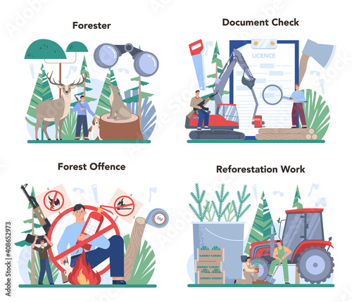 Forester concept set. Wood protection and rehabilitation. Forest ranger