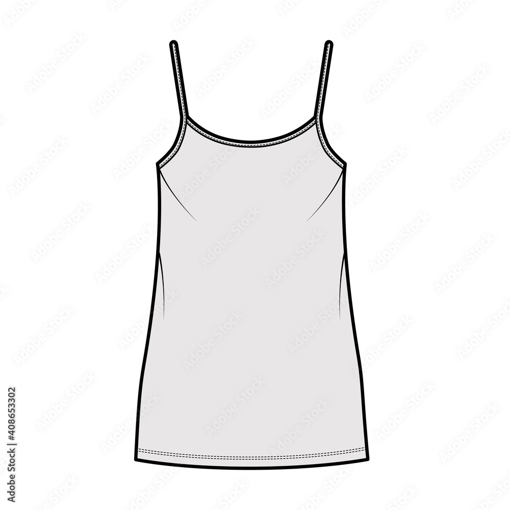 Camisole dress technical fashion illustration with scoop neck, straps, mini length, oversized body, Pencil fullness. Flat apparel template front, back, white, grey color. Women, men, unisex CAD mockup Camisole dress technical fashion illustration with scoop neck, straps, mini length, oversized body, Pencil fullness. Flat apparel template front, back, white, grey color. Women, men, unisex CAD mockup