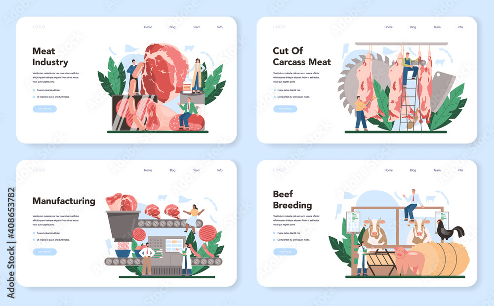 Meat production industry web banner or landing page set. Butcher or meatman