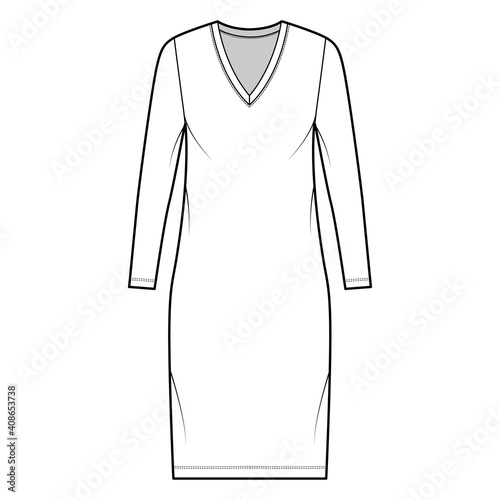 T-shirt dress technical fashion illustration with V-neck, long sleeves, knee length, oversized body, Pencil fullness. Flat apparel template front, white color. Women, men, unisex CAD mockup