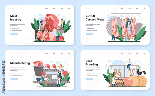 Meat production industry web banner or landing page set. Butcher or meatman