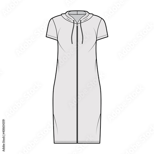 Hoodie zip-up dress technical fashion illustration with short sleeves, knee length, oversized body, Pencil fullness. Flat apparel template front, grey color. Women, men, unisex CAD mockup