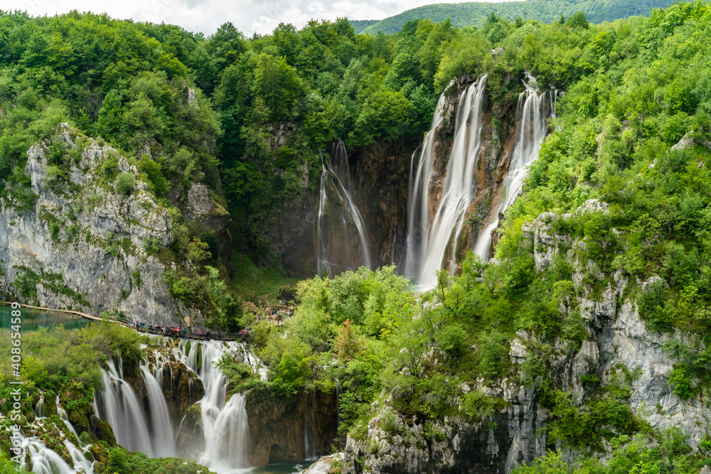 wide long exposure shot of veliki slap waterfall at plitvice lakes national park in croatia