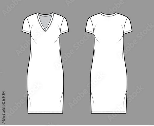 T-shirt dress technical fashion illustration with V-neck, short sleeves, knee length, oversized body, Pencil fullness. Flat apparel template front, back, white color. Women, men, unisex CAD mockup