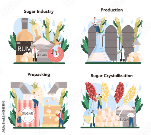 Sugar production industry set. Saccharose and fructose extracted