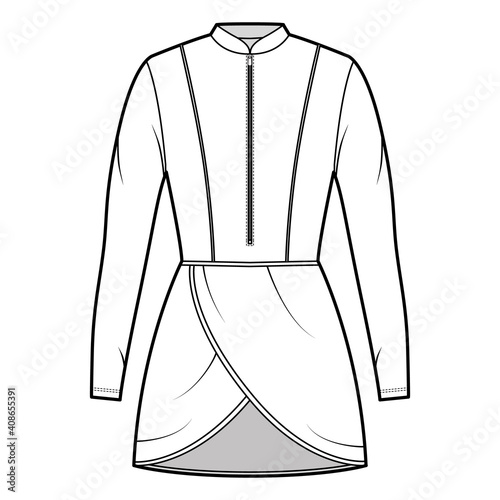 Tunic technical fashion illustration with zip henley neck, long sleeves, fitted body, petals hem. Flat Modest shirt apparel outwear top template front, white color. Women men unisex CAD mockup