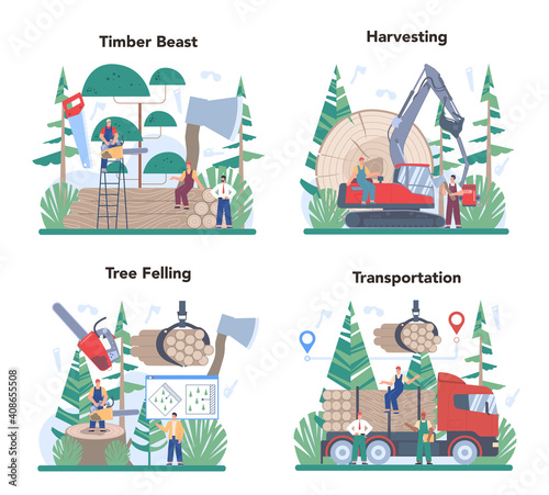 Timber industry and wood production concept set. Logging