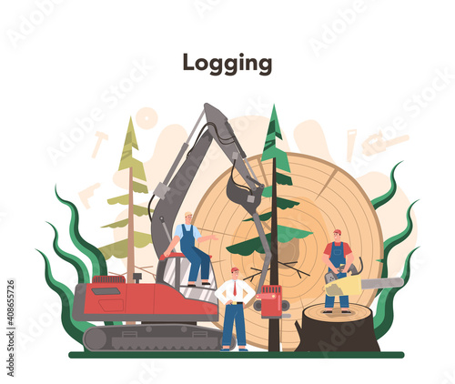 Wood industry and paper production concept. Logging and woodworking