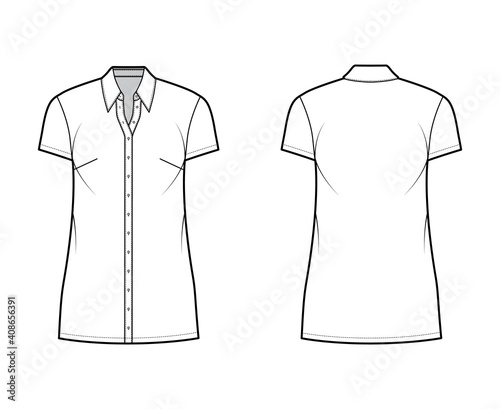Shirt dress technical fashion illustration with classic regular collar, mini length, oversized body, Pencil fullness, button up. Flat apparel template front, back, white color. Women, men CAD mockup