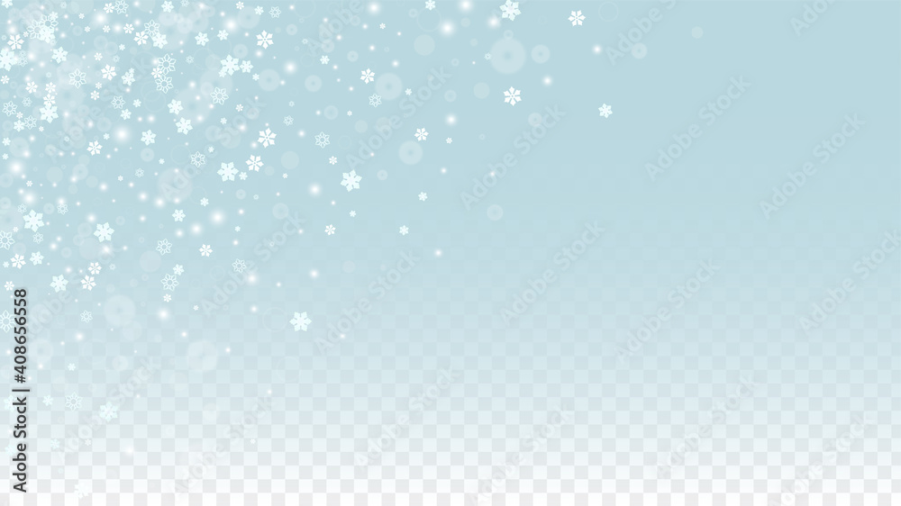 Christmas  Vector Background with White Falling Snowflakes Isolated on Transparent Background. Realistic Snow Sparkle Pattern. Snowfall Overlay Print. Winter Sky. Design for Party Invitation.