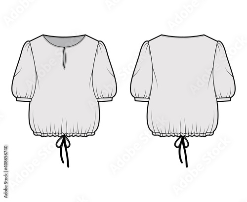 Blouse cropped drawstring technical fashion illustration with scoop neck, elbow sleeves, slashed button opening, oversized. Flat blouse template front, back, grey color. Women unisex top CAD mockup
