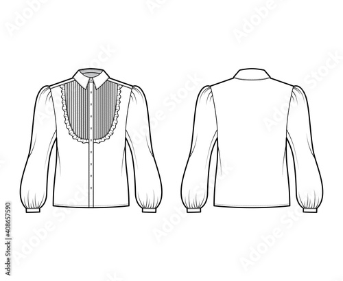 Blouse tuxedo technical fashion illustration with long bouffant sleeves, classic collar, pintucked bib, oversized. Flat apparel shirt top template front, back, white color. Women men unisex CAD mockup