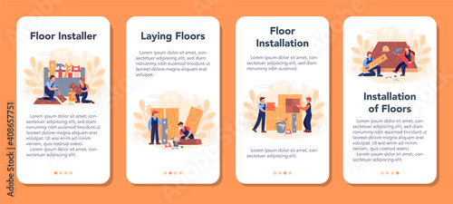 Flooring installer mobile application banner set. Professional parquet laying