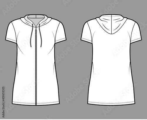 Hoodie zip-up dress technical fashion illustration with short sleeves, mini length, oversized body, Pencil fullness. Flat apparel template front, back, white color. Women, men, unisex CAD mockup