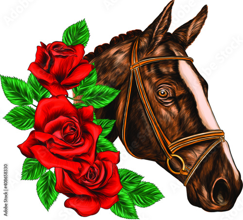 horse head with green leaves vector illustration