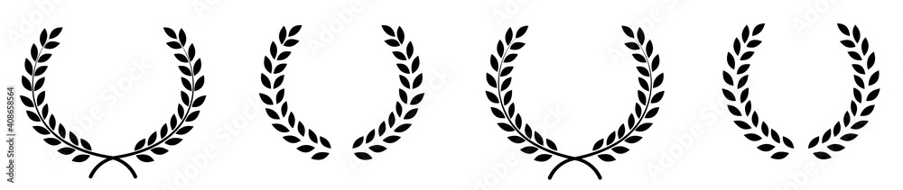 Obraz premium Set of black circular foliate laurels branches.Laurel wreath.Silhouette laurel wreath. Heraldic trophy crest, Greek and Roman olive branch award, winner round emblem. Vector black laurels set