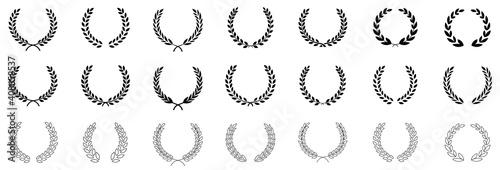 Set of black circular foliate laurels branches.Laurel wreath.Silhouette laurel wreath. Heraldic trophy crest, Greek and Roman olive branch award, winner round emblem. Vector black laurels set