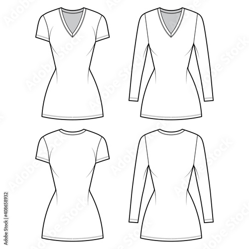 T-shirt dress technical fashion illustration with V-neck, long, short sleeves, mini length, fitted body, Pencil fullness. Flat apparel template front, back, white, grey color. Women, men CAD mockup
