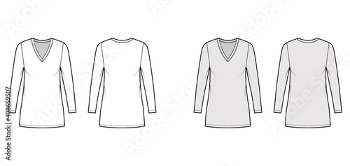 T-shirt dress technical fashion illustration with V-neck, long sleeves, mini length, oversized body, Pencil fullness. Flat apparel template front, back, white, grey color. Women, men unisex CAD mockup