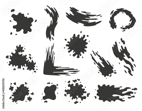 Paint blots. Splashes set for design use. Colorful grunge shapes collection. Dirty stains and silhouettes. Black ink splashes