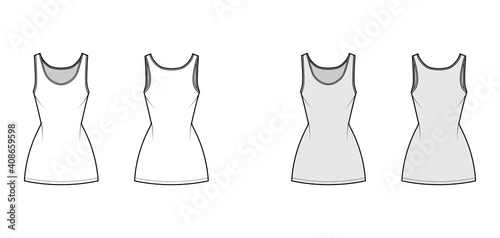 Tank dress technical fashion illustration with scoop neck, straps, mini length, fitted body, Pencil fullness. Flat apparel template front, back, white, grey color. Women, men, unisex CAD mockup