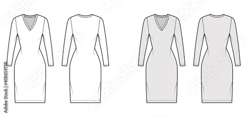 T-shirt dress technical fashion illustration with V-neck, long sleeves, knee length, fitted body, Pencil fullness. Flat apparel template front, back, white, grey color. Women, men, unisex CAD mockup