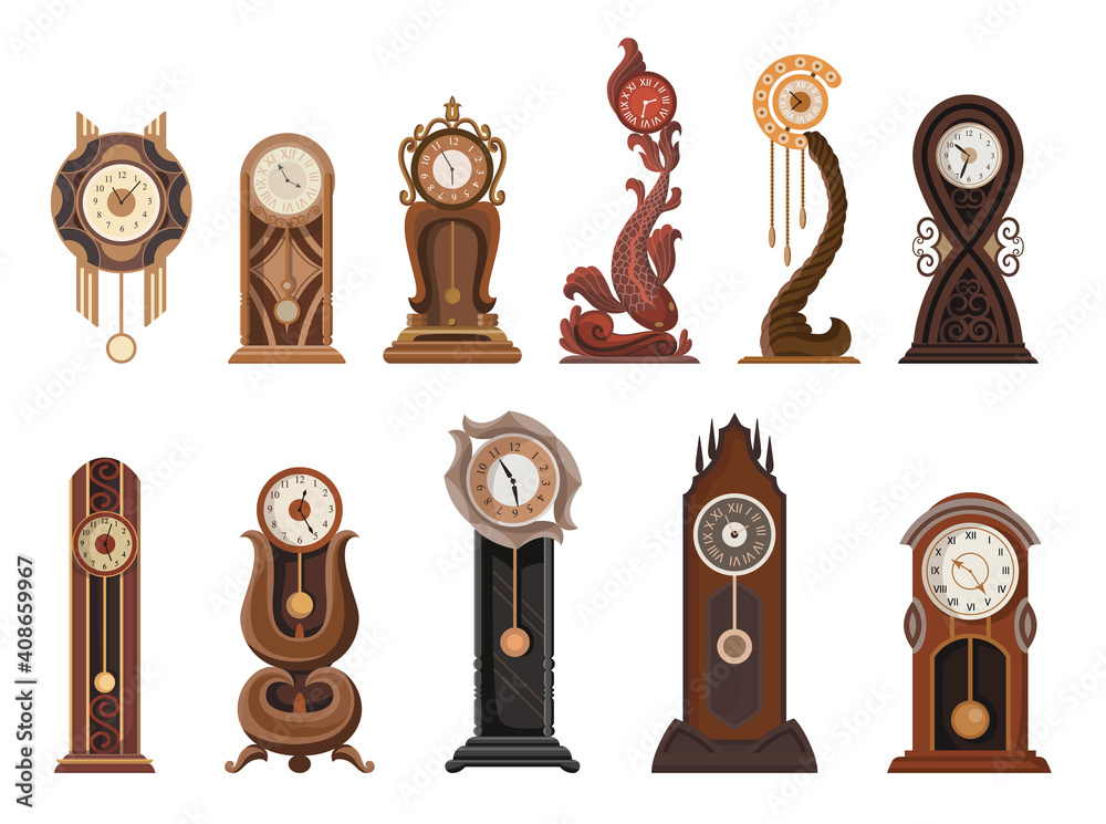 Antique clocks set.Traditional floor or table standing clock with wood