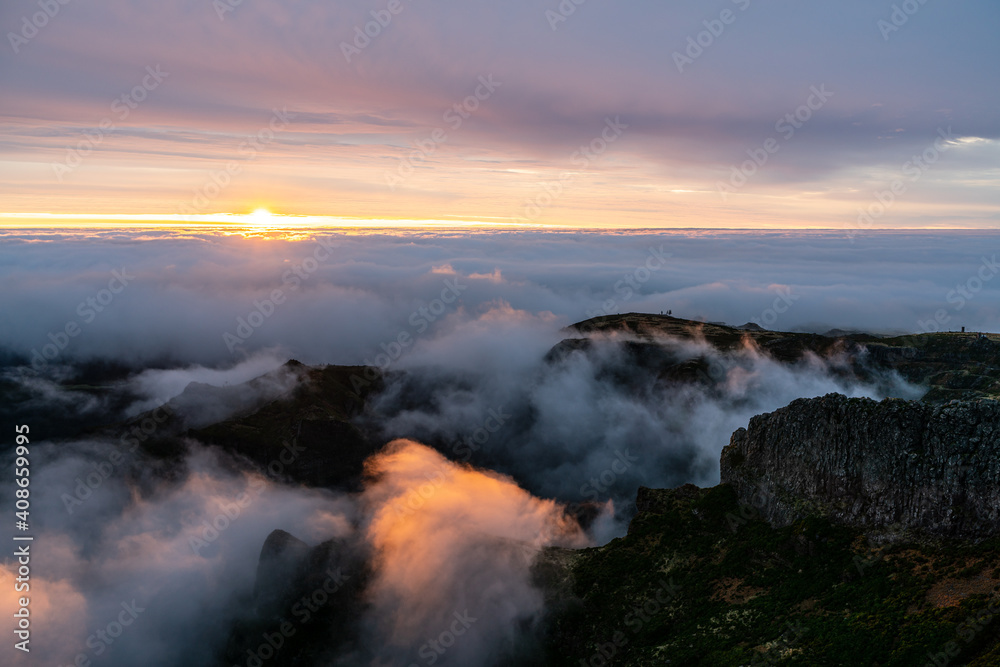 Sunrise on the mountain peak Pico do Arieiro of Madeira Island