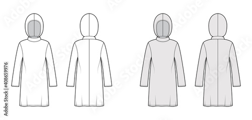 Modest hijab tunic technical fashion illustration with long sleeves, oversized, under-the-knee length, hood. Flat shirt apparel top template front, back, white, grey color. Women men unisex CAD mockup