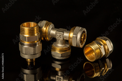 Set of brass fittings is often used to connect for gas and water installations. Fitting connecting pipes in plumbing