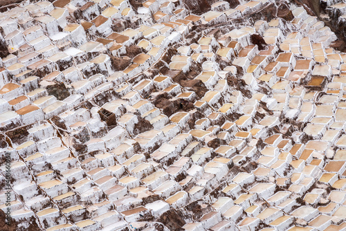 Aerial view of salt mines at Salineras de Maras, Sacred Valley, Peru