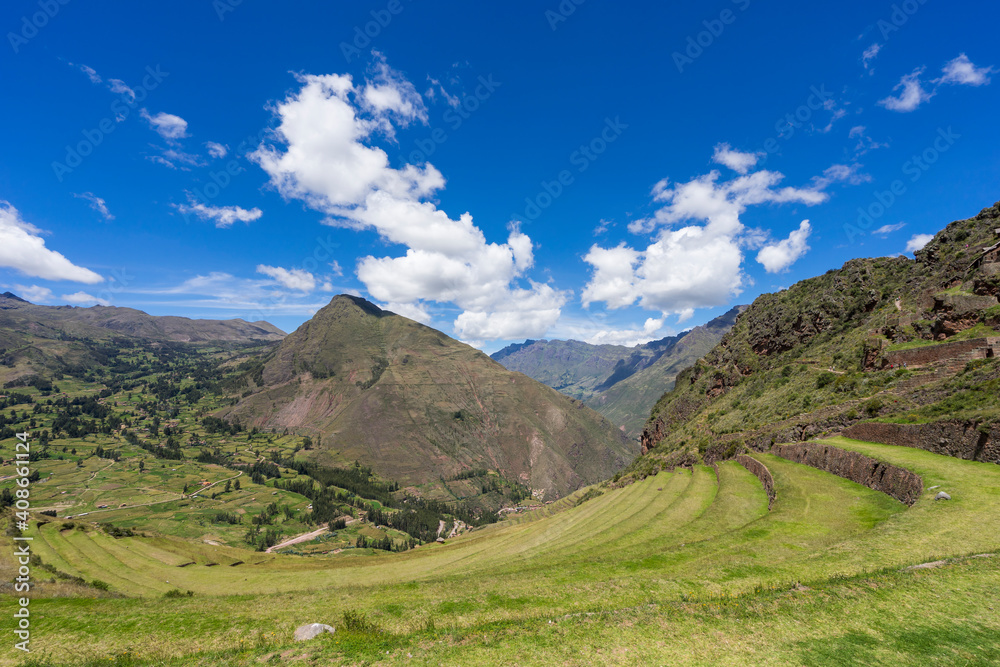 Terraces of Pisac against sky, Sacred Valley, Cusco, Peru Terraces of Pisac against sky, Sacred Valley, Cusco, Peru
