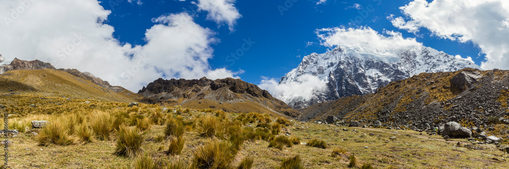 Panoramic view of Andes Mountain near Salkantay Pass seen from Salkantay trail, Peru Panoramic view of Andes Mountain near Salkantay Pass seen from Salkantay trail, Peru