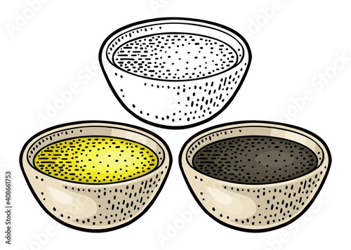 Soy sauce in a bottle and bowl. . Vector black vintage engraving illustration