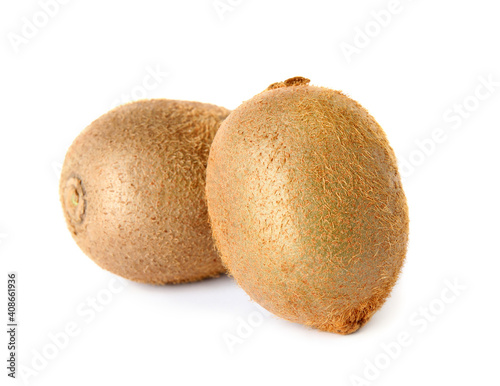 Whole fresh ripe kiwis on white background