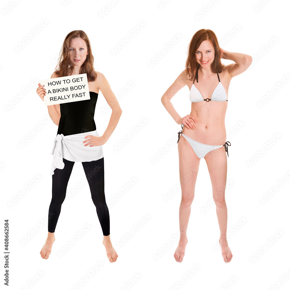 Two full length portraits of an athletic slim woman holding a placard and wearing a bikini, how to get a bikini body really fast is written on the paper, isolated on white studio background Two full length portraits of an athletic slim woman holding a placard and wearing a bikini, how to get a bikini body really fast is written on the paper, isolated on white studio background