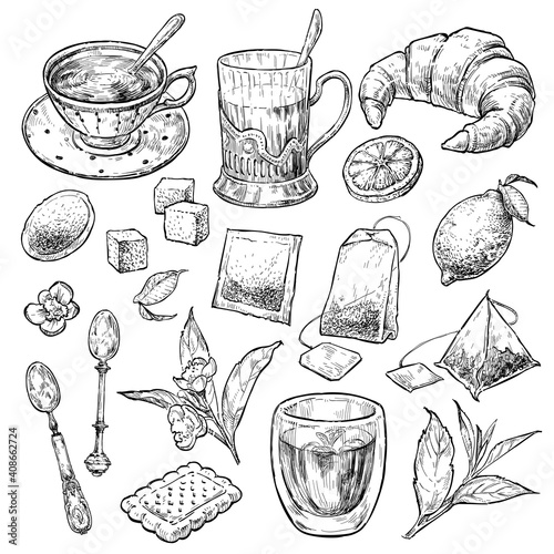 Retro style tea set. Hand drawn vintage vector sketch illustrations. Elements in engraving style.