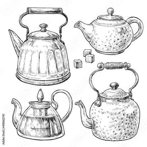 Retro style tea pots set. Hand drawn vintage vector elements in engraving style.