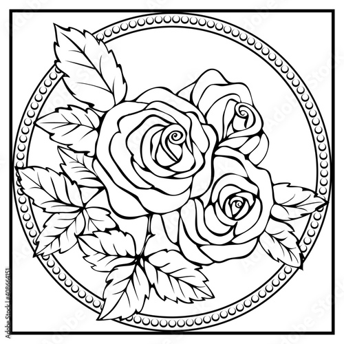 Black and white drawing of a bouquet of roses in a round frame.