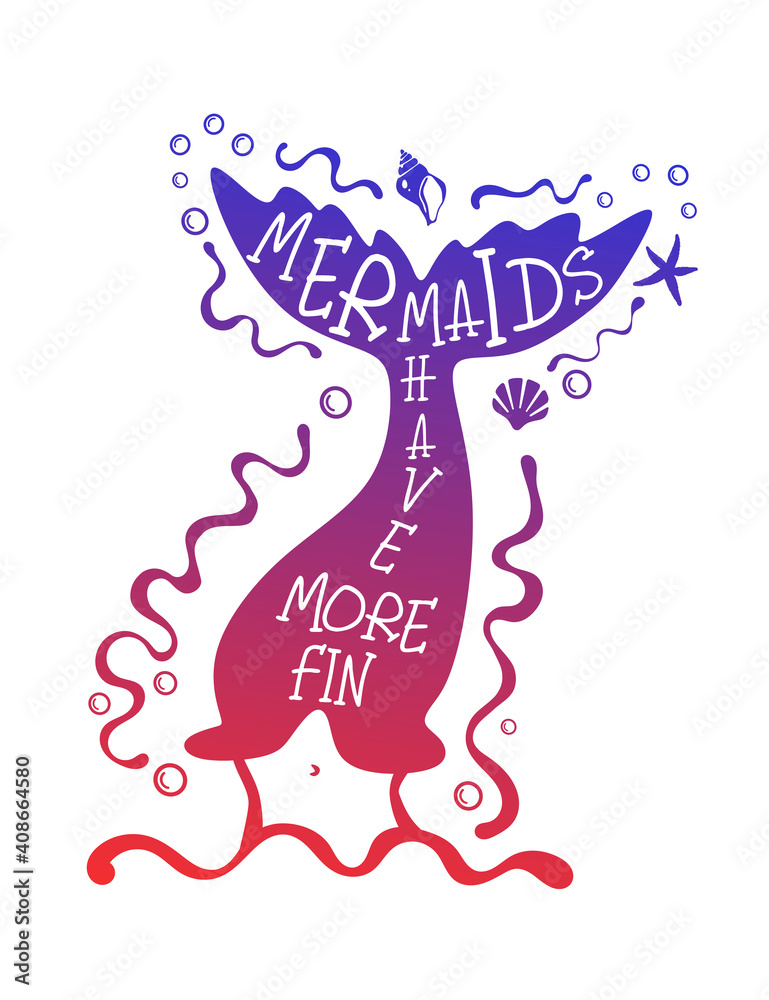 Vector silhouette of a fin of a mermaid tail in rainbow gradient violet orange colors.Fairy tale stencil character. Mermaids have more fin text lettering.Ocean water waves. Vinyl wall sticker decal. Vector silhouette of a fin of a mermaid tail in rainbow gradient violet orange colors.Fairy tale stencil character. Mermaids have more fin text lettering.Ocean water waves. Vinyl wall sticker decal.