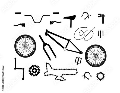 Bicycle spare parts icons signs black set silhouette vector drawing pattern illustration isolated on white background.Print for t shirt.Vinyl wall sticker decal.Design for sports competitions .