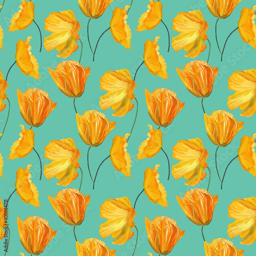 Hand-drawn gouache floral seamless pattern with the yellow poppy flowers on light turquoise background  Natural repeated print for textile  wallpaper.