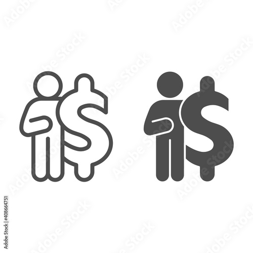 Dollar and man line and solid icon, Corona downturn concept, Businessman standing near dollar sign on white background, Person with money symbol in outline style for mobile and web. Vector graphics.